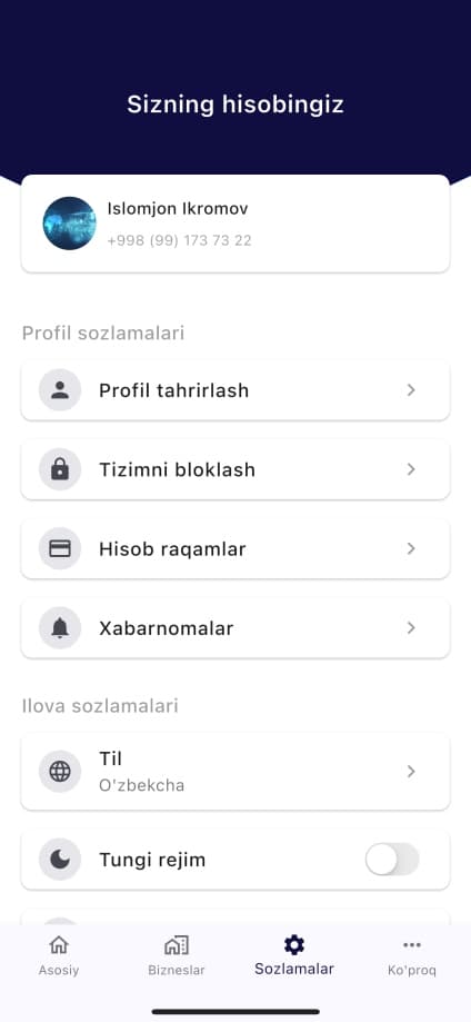 Kissa Finance mobil ilovasida hisob sozlamalari