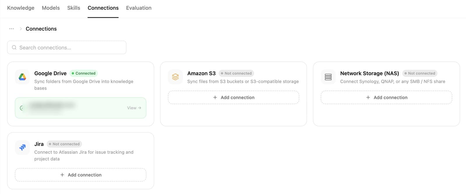 Connections screen listing Google Drive, Amazon S3, network storage and Jira