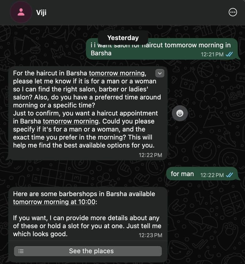 WhatsApp conversation where Viji books a barbershop in Barsha